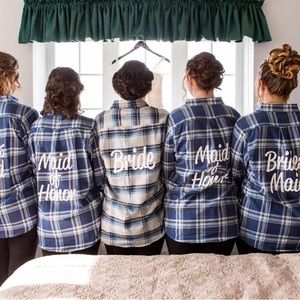 Wedding getting ready outfit: Gray , navy and black oversized bride flannel